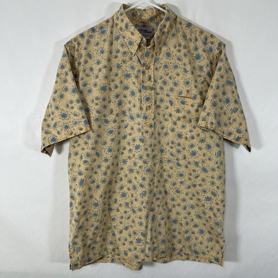 Vintage Reyn Spooner Half Button Down Shirt Mens Large Yellow Blue Floral SS