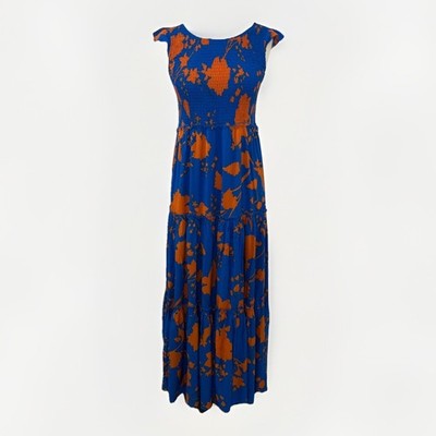 Abel The Label Blue Orange Smocked Maxi Dress XS Tiered Tropical Resort Boho