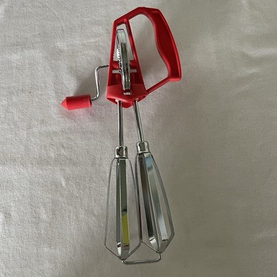Red Handle Hand Crank Egg Beater Whisk Mixer Vintage Kitchen Tool EUC