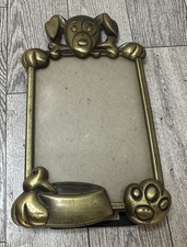 Metal Dog Puppy Pet Picture Frame Bronze Toned Peaking over Bowl with Bone 5x3.5