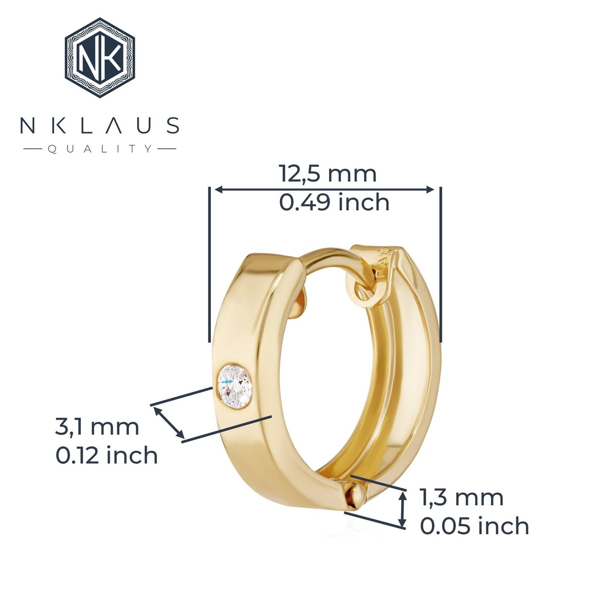 Pair of 8K 333 Yellow gold Hoop Earrings 12.5 x 3.1mm Cubic Zircon