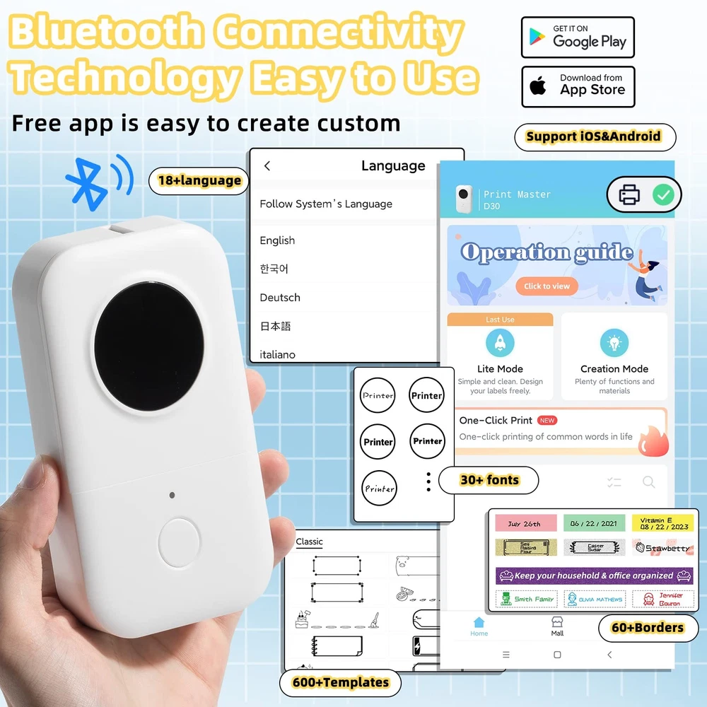 Bluetooth Thermal Label Maker D30 with Tape for Home Office Organization