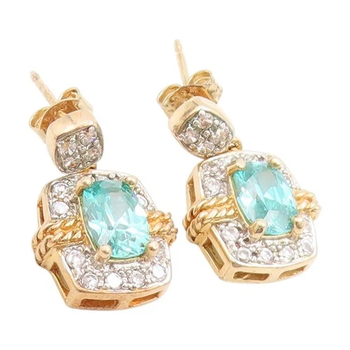 925 Sterling Silver Vintage Earrings Gold Plated Topaz Halo CZ Drop  EG14041
