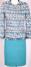 ST.JOHN Women's Tweed Green White Pink Fringed Jacket  Skirt Sz 6-8