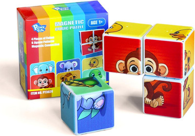 3D Magnetic Cubic Puzzle Toy for Toddlers 6 Animal Patterns Building Blocks, 4PC