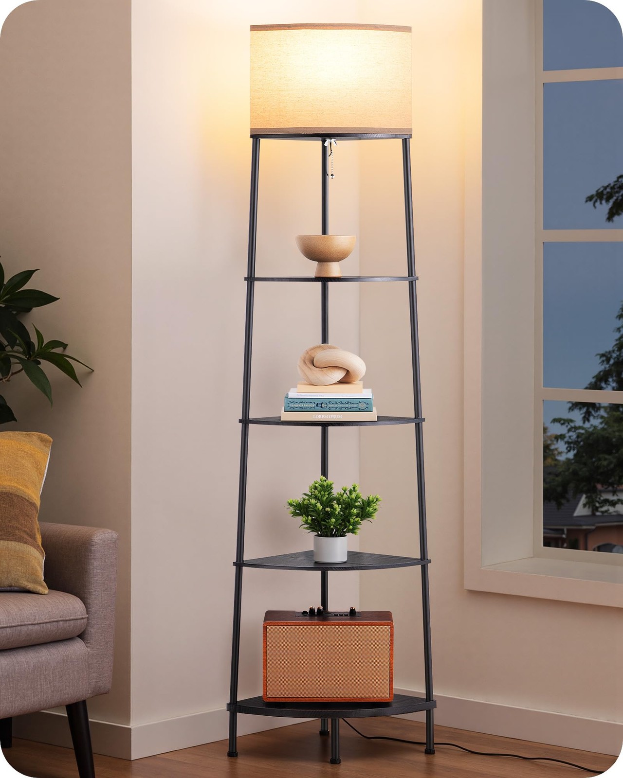 Lampada da Terra Soggiorno con Ripiani e Paralume in Lino - Design Moderno