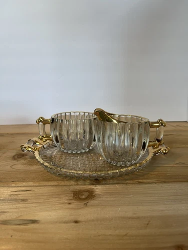 Jeanette Ribbed Glass Gold Trim Sugar Bowl, Creamer, And Tray Vintage With Box