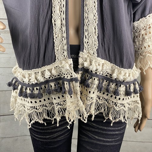 Knox Rose Cover Up XS Slate Purple Ivory Crochet Trim Fringe Bohemian 100% Rayon - Picture 8 of 12