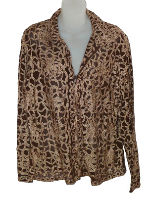 Laura Ashley Brown Sheer Embroidered Zip Up Spring Garden Jacket Size L