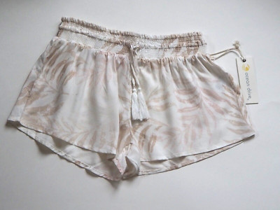 Nude Tropical Island Leaf White Smocked Rayon Shorts Sz Medium Loungewear NWT