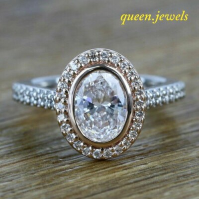 Lab-Created 2.91CT Bezel Set Oval Cut Diamond Halo Ring 14K Two-Tone Gold Over