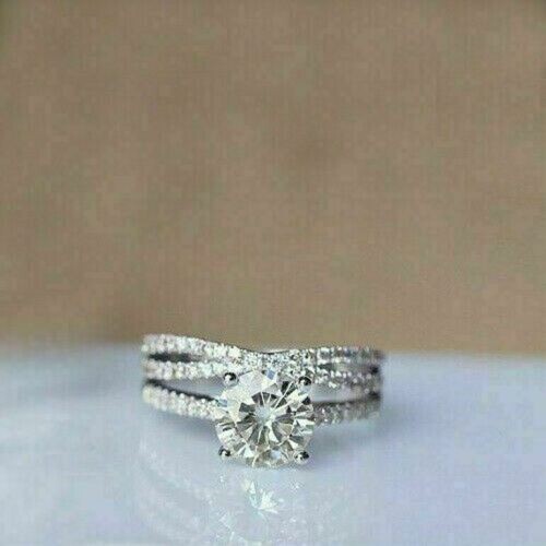 Engagement Ring Set 2.95Ct Round Cut Moissanite Solid 14k White Gold in Size 7.5-image