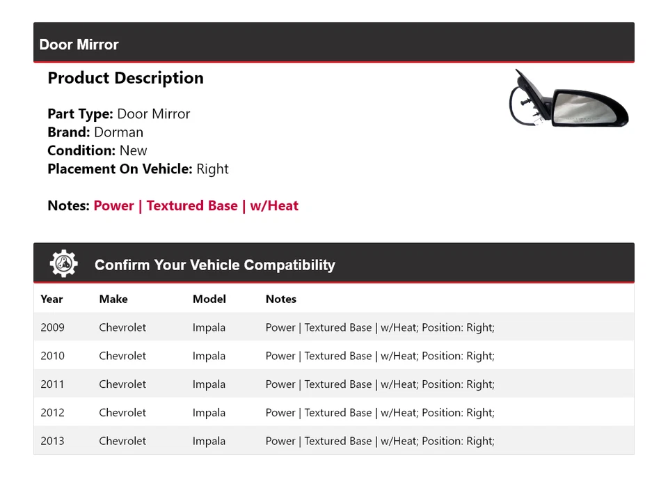 Espejo retrovisor derecho Chevrolet Impala Dorman 2009-2013 2010 2011 2012 Foto 2 de 4