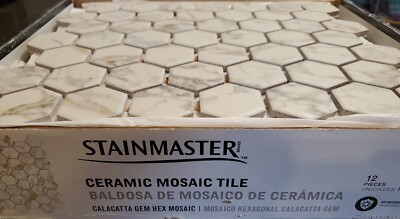 Stainmaster Case of 12 Ceramic Hexagon Mosaic Floor Wall Tiles 10'' x 12'' No Slip
