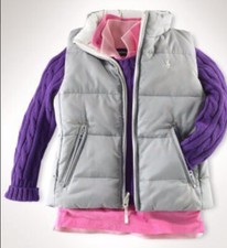 New Ralph Lauren Girls Reversible Down Puffer Vest, Silver Gray / Ivory, Size 4