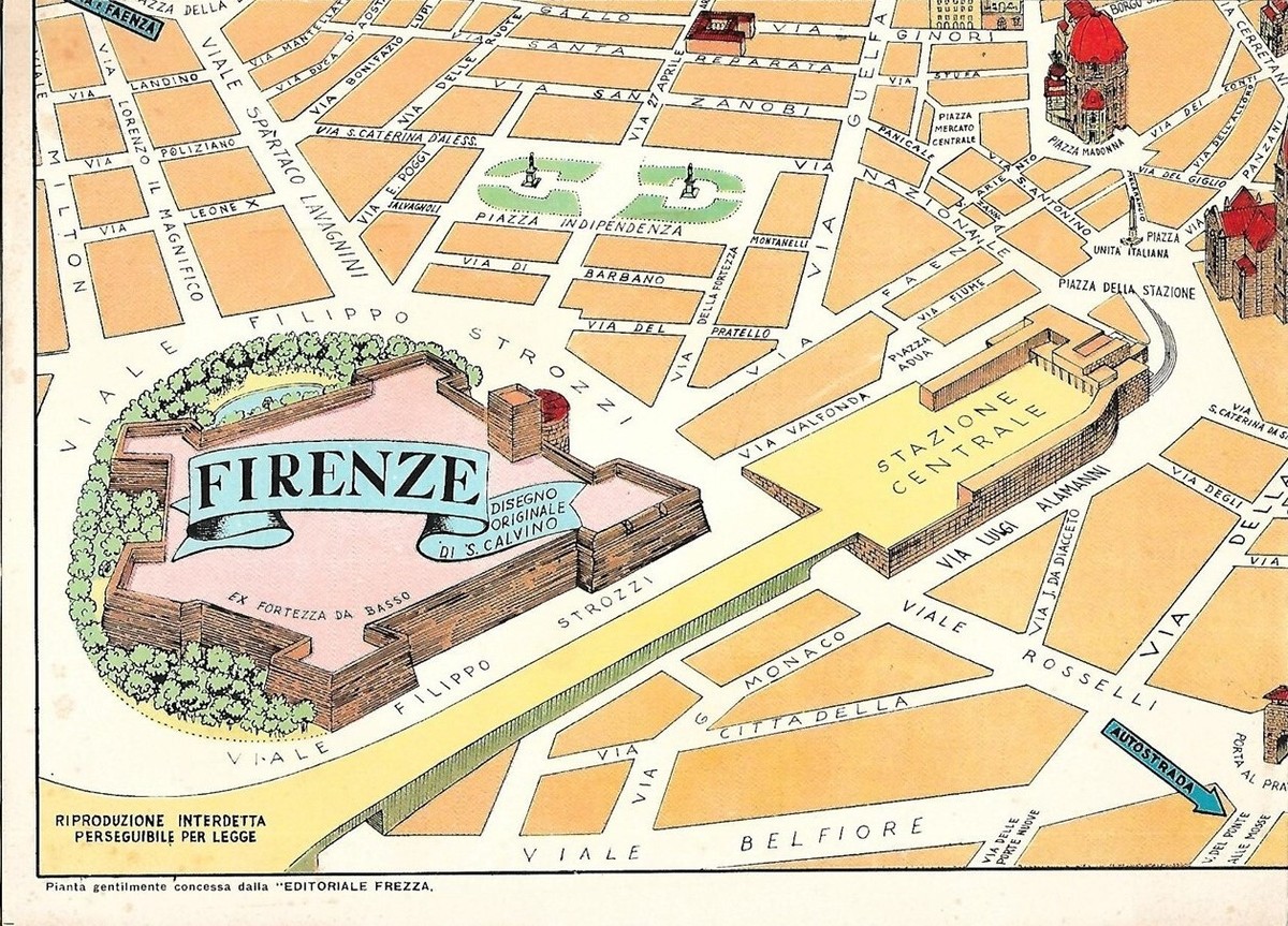1957 Colorful Pictorial Bird's-Eye-View Map FIRENZE FLORENCE Italy