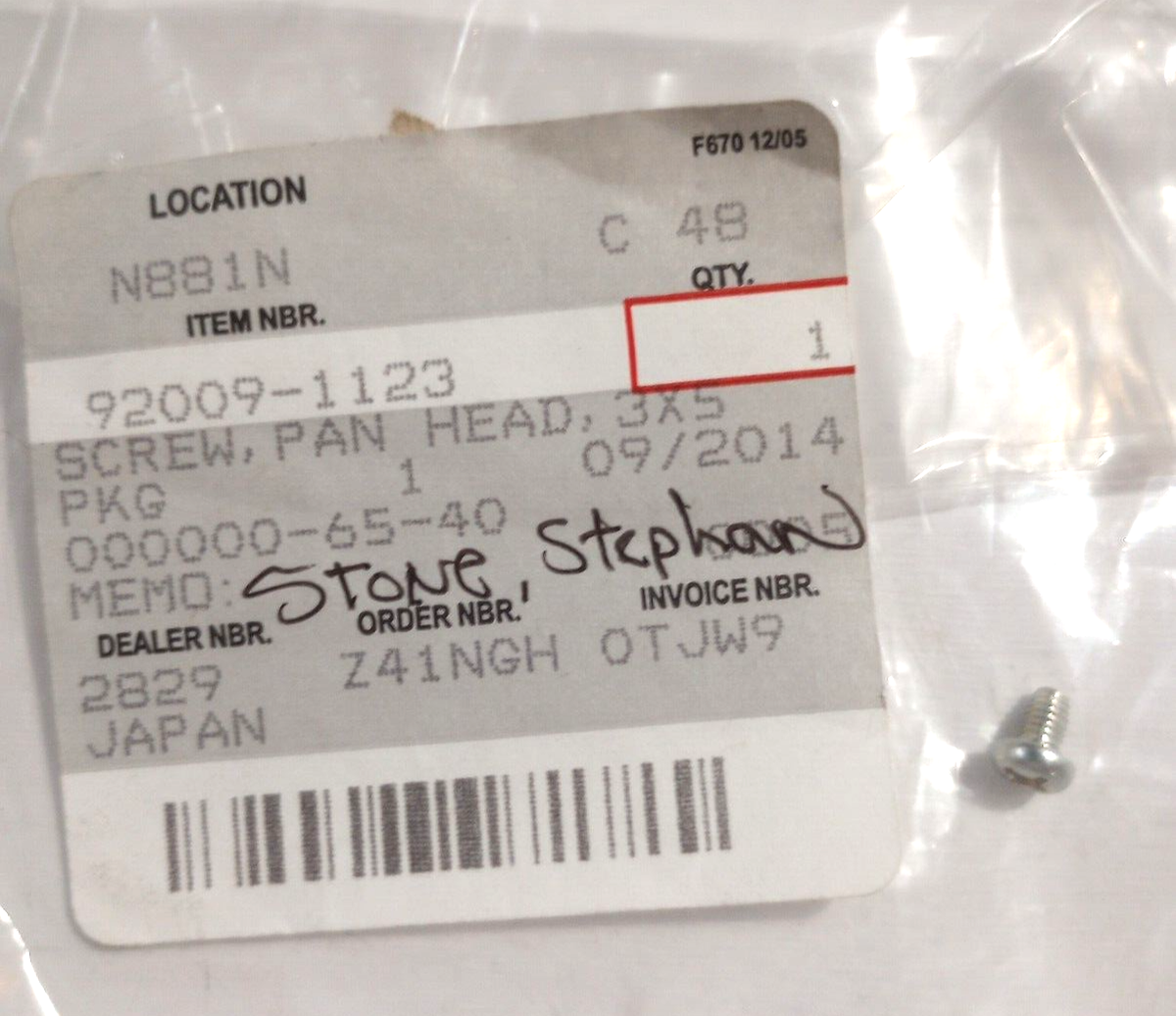 Kawasaki Bayou 220, 300,400 Pan Head Screw 3X5 NOS 92009-1123 (L
