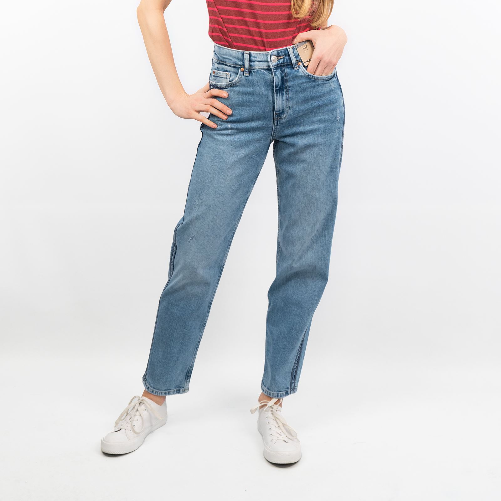 M&S Womens Jeans Denim Blue Wash Boyfriend High Waist Relaxed Long Size