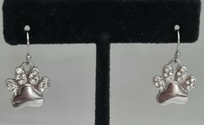 Paw Print Small Silver Plated Crystal Hypo Allergenic 1" Dangle Kid Earrings