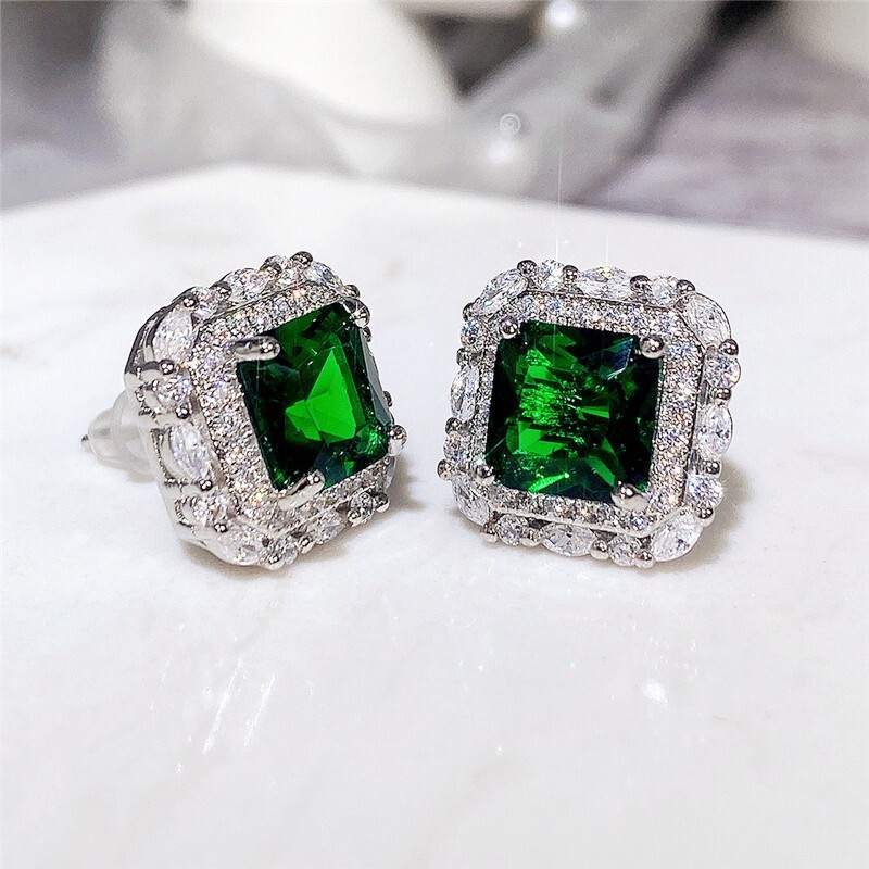 Green Cubic Zircon Stud Earrings in 925 Sterling Silver for Women-image