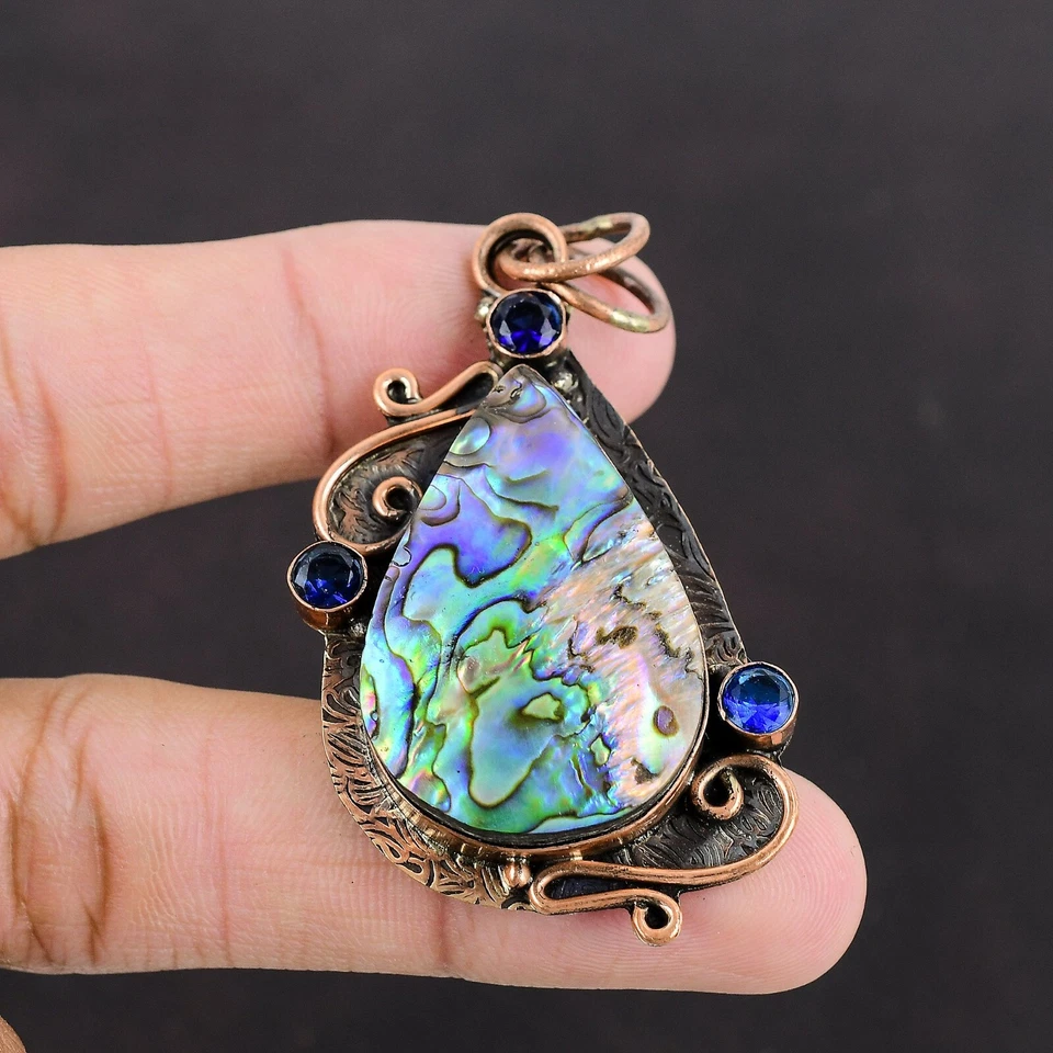 Pingente de aniversário de cobre quartzo tanzanita pedra preciosa concha de pera abalone - Imagem 2 de 4