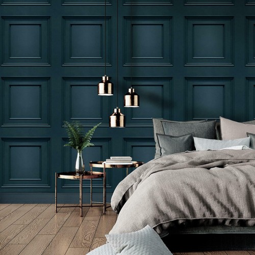 Belgravia Oliana Large Wooden Panel 3D Effect Wallpaper Navy Blue