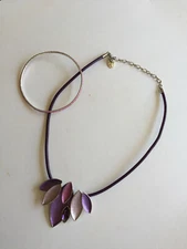 Purple Enameled Leaf Shape Silver Pendant Statement Necklace & A Silver Bracelet
