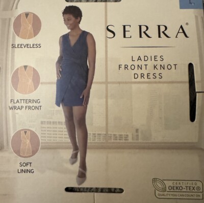 Serra Sz L. Womans sleeveless Lined Blue Silver sparkly front knot dress