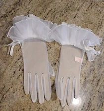 New! Vintage One Size Fits All Sheer Stretch Nylon Formal Gloves Ruffle Bow