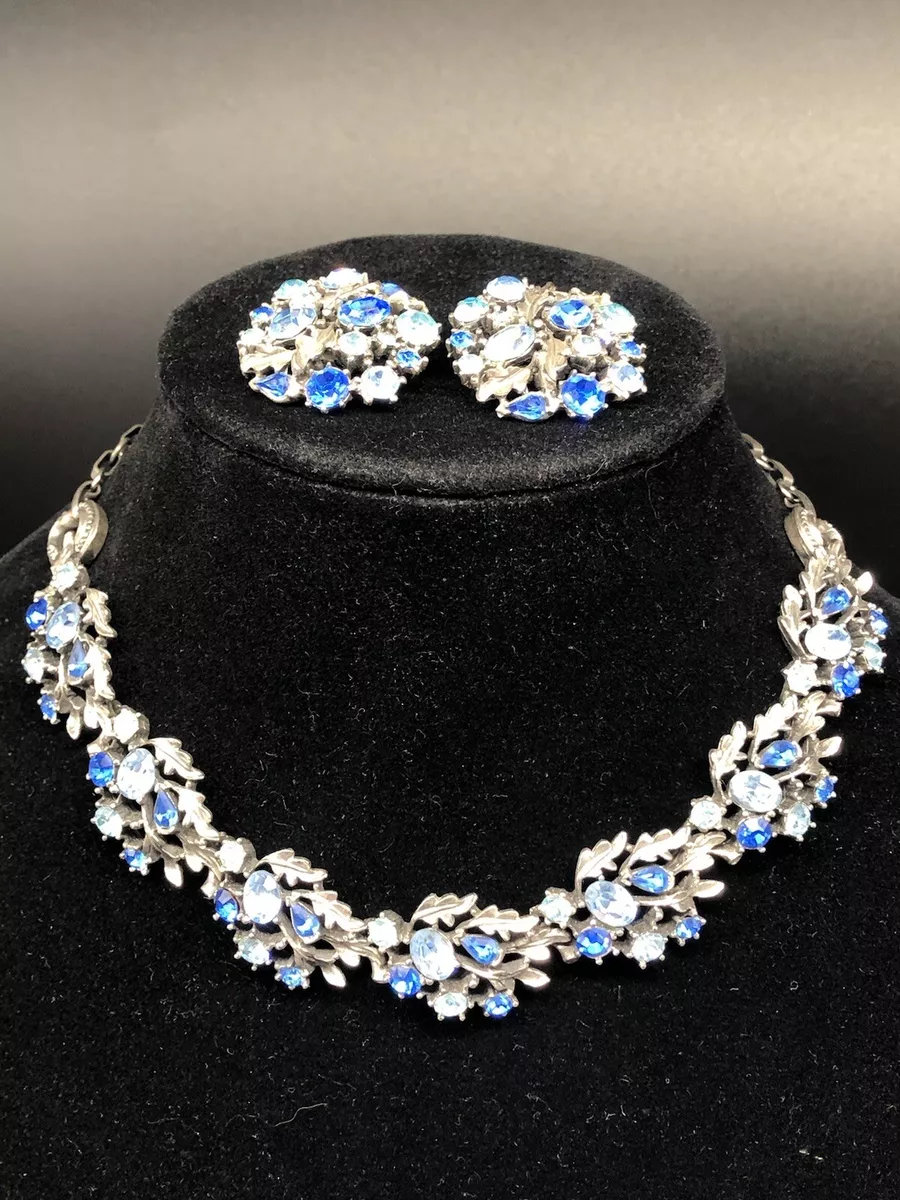Vintage LISNER Choker Necklace Earring Set Blue Marquise