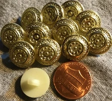 12 Gold Tone Front Cream Back Intricate Plastic Shank Buttons 9/16" 14mm # 4870