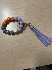 Purple, Grey  Orange Wooden Beaded Wristlet Keychain With Tassel