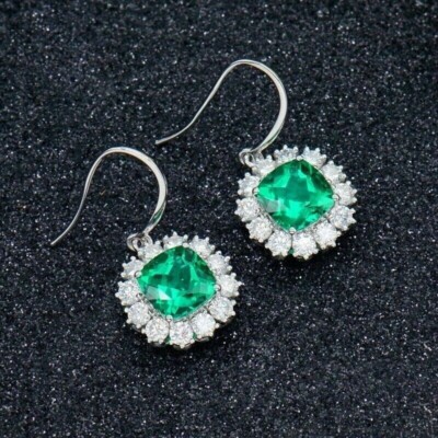 Cushion Cut Simulated Green Emerald Stunning Drop Earring 14K White Gold Plated