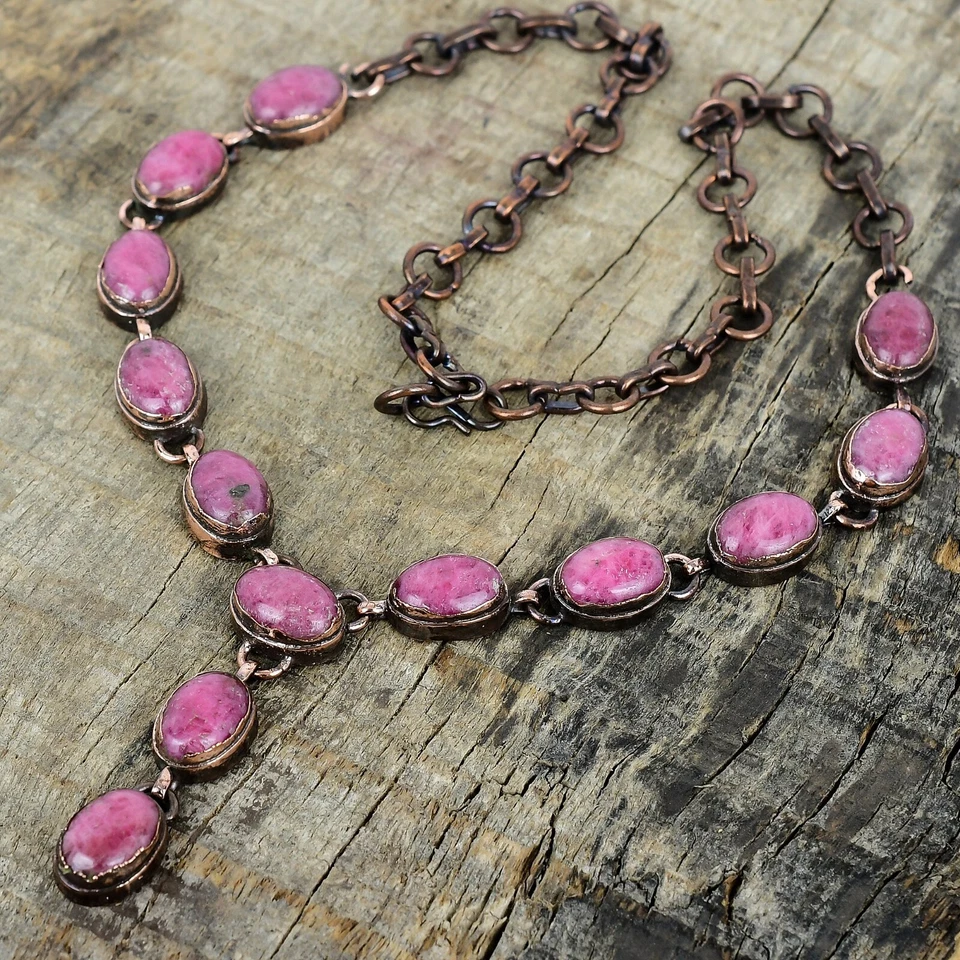 Womens day Sale Oval Rhodonite Gemstone Electroformed Chain Wife Necklace Copper - Image 4 of 4