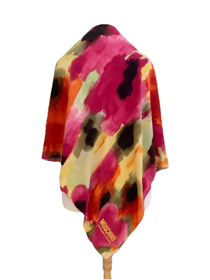 Moschino Bufanda de Seda Barata y Elegante 32x31” Estampado Abstracto Hecho en Italia Tiene Tirador #A4 Foto 2 de 4