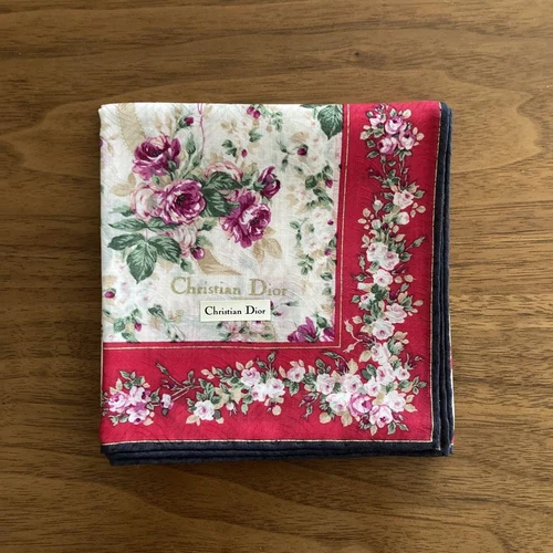 Mouchoir Christian Dior coton 52 cm 20" carré fleur blanc rouge
