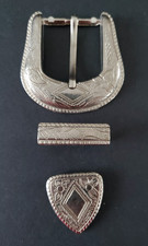Western Engraved Silver Metal Buckle 3 pc Set Floral Engraving for 1" Belt