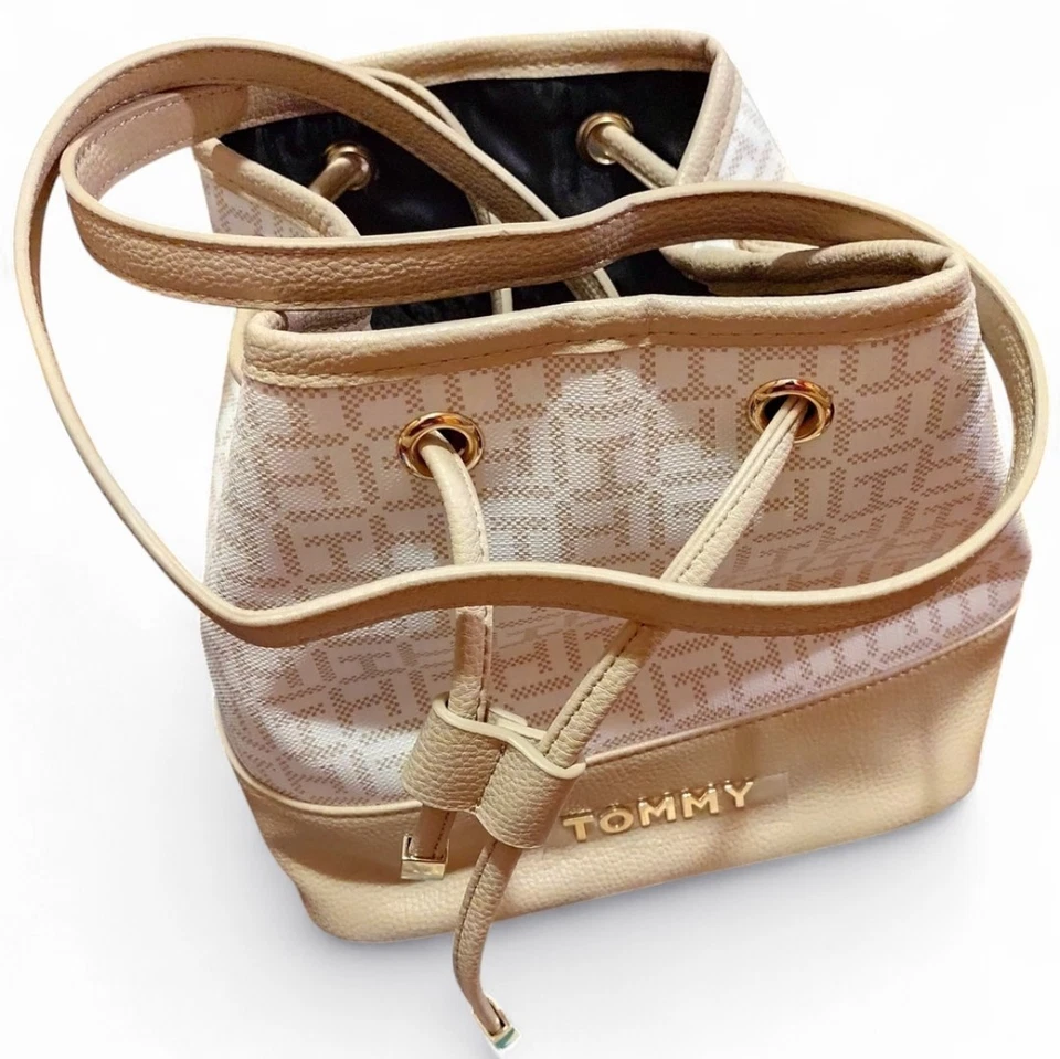 Tommy Hilfiger Bucket Bag Logo TH Monogram Ivory Beige Drawstring Closure NWT - Image 2 of 4