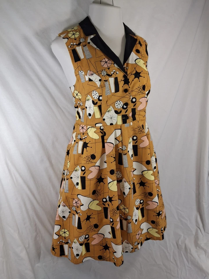 Modcloth X Dupenny Cotton Dress XLarge XL MCM Atomic Mod Gold Black Fit & Flare - Image 4 of 4