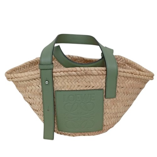 LOEWE Basket Bag Small Beige Green Leather Strap Straw Top Handle Auth