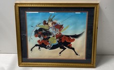 Signed Japanese Samurai Warrior on Horseback Gouache Painting Framed 19x22