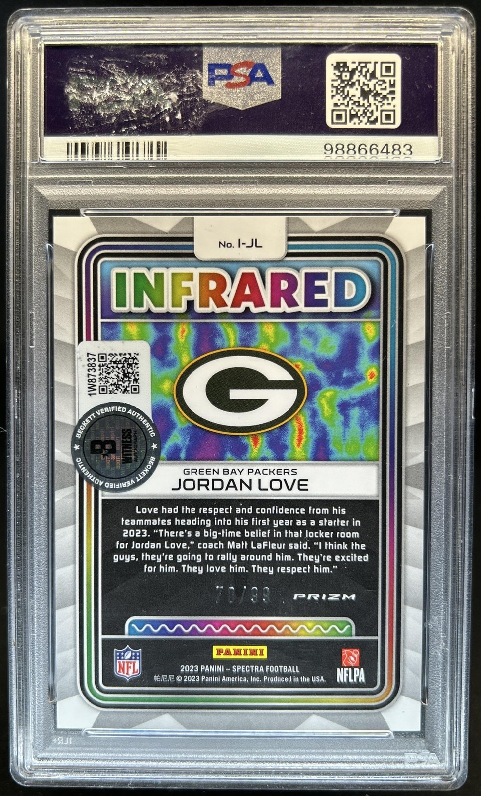 2023 Panini Spectra Jordan Love Infrared Auto #/99 Packers PSA Authentic view 2