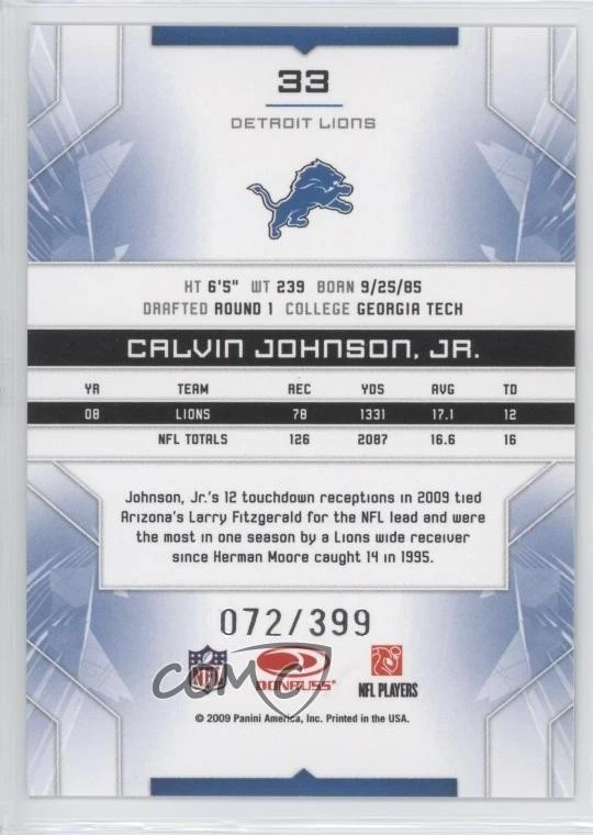 2009 Donruss Limited /399 Calvin Johnson Jr #33 HOF - Image 2 of 2