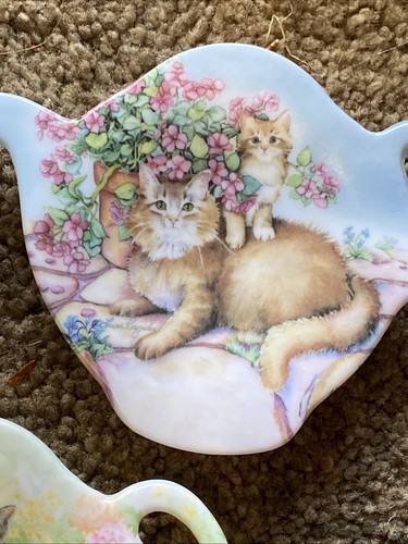 3 Vintage Italy TEAPOT SHAPED TEA BAG REST SPOON HOLDER MELAMINE Kittens/Cat - Picture 4 of 9