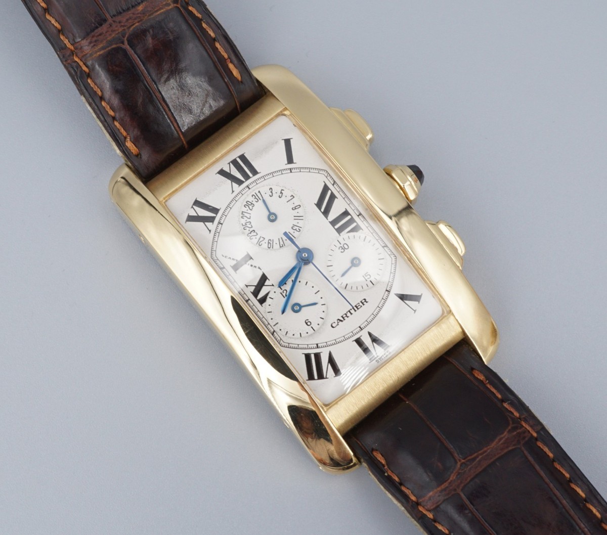 Cartier Tank Americaine 18k Yellow Gold Chrono Watch Leather 26mm