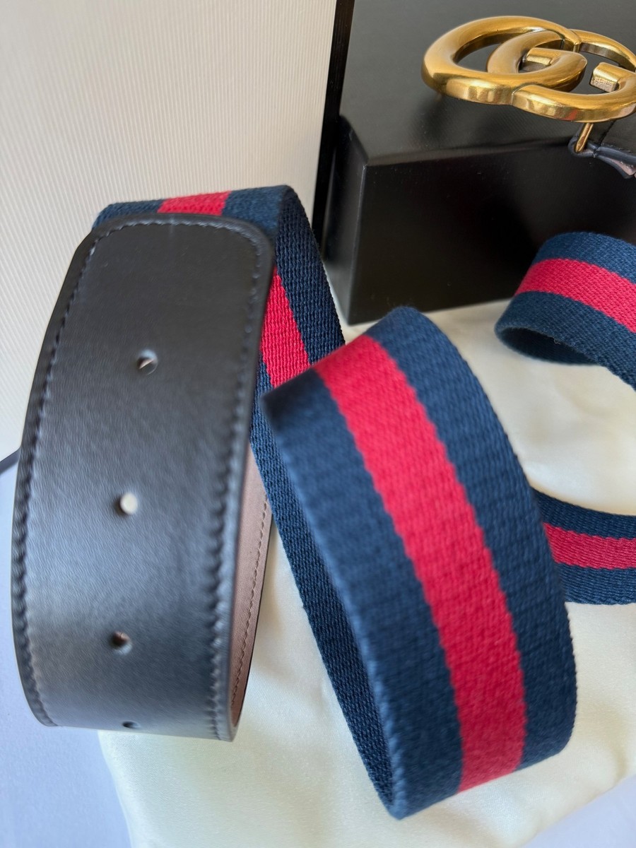 Gucci GG Buckle Marmont Blue Red WEB Leather Black Belt 105  display picture 1