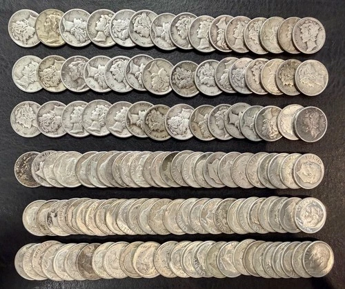 Lot of (x120) $12 Face Value 90% Silver Roosevelt & Mercury Dimes Avg Circulated