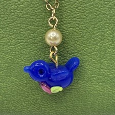 Artisan Lampwork Glass BLUEBIRD on 1950s Vintage 12k Gold Filled Chain, Bird