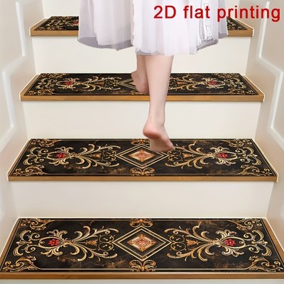 Black Golden Retro Patterned 2D Flat Printed Stair Mats, Non-Slip Step Pads, P