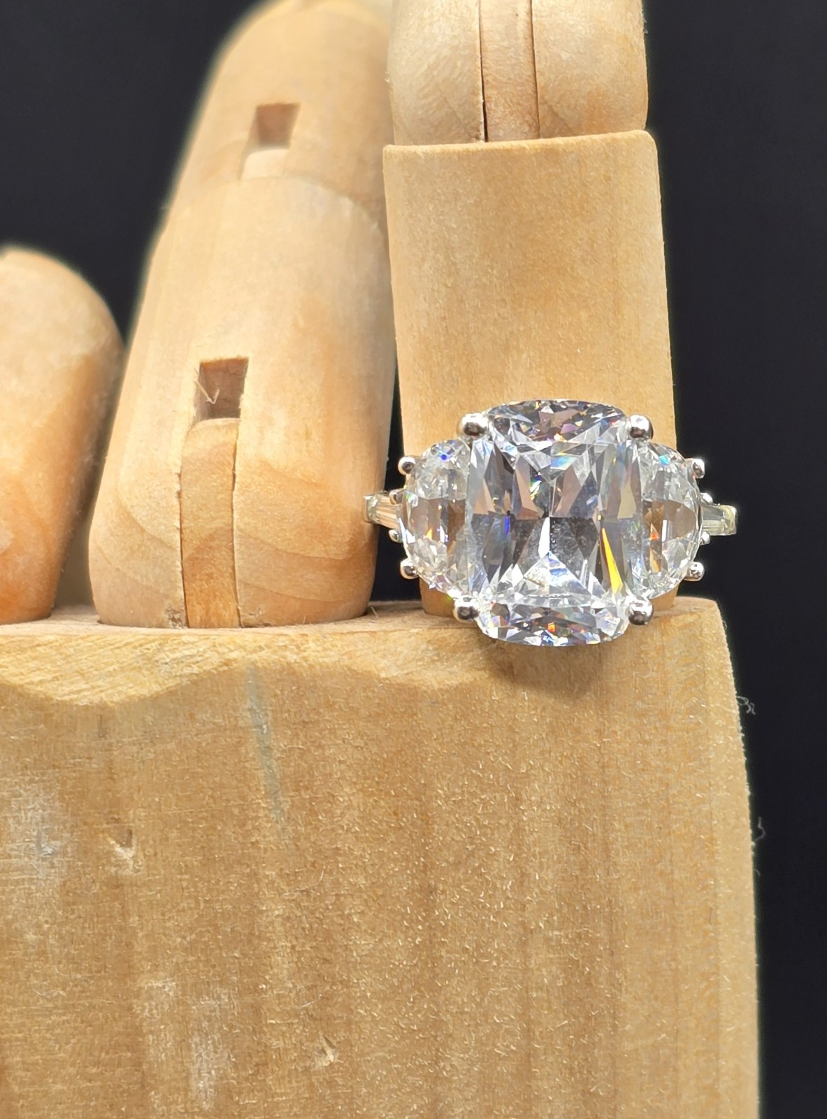 Faceted Emerald Cut Five-Stone Sterling Silver & CZ Ring Size 7